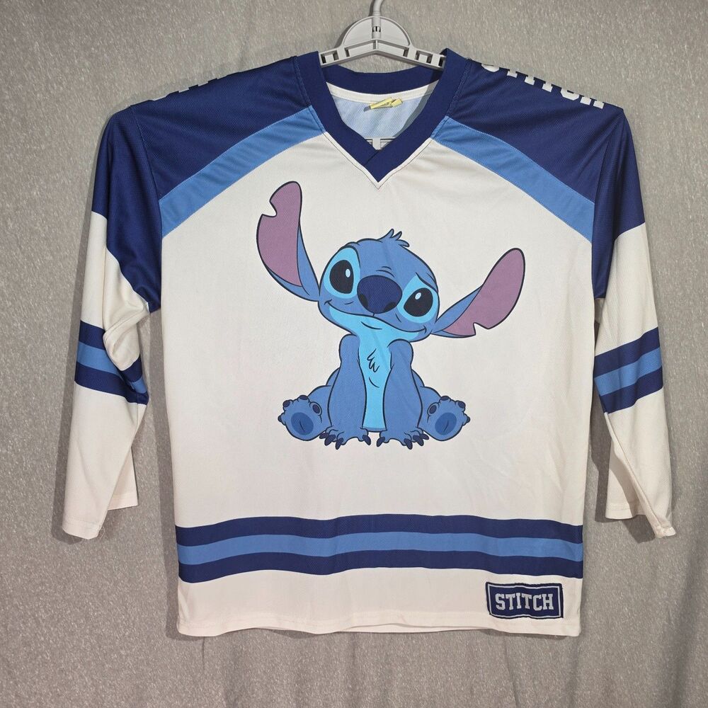 Disney Lilo & Stitch Hockey Jersey V-Neck Long Sleeve Shirt in Blue White M